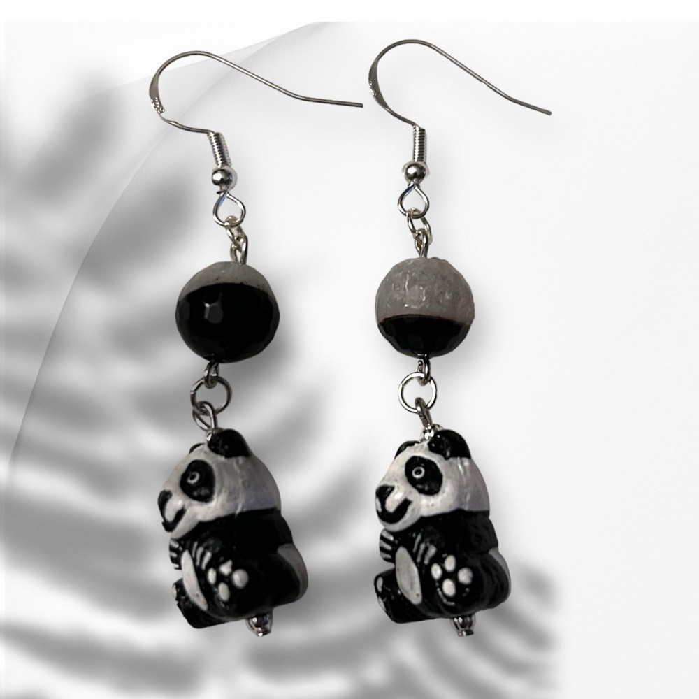 Handmade Earrings Panda Bear Onyx Quartz Dangle Pierced Whimsical Animals